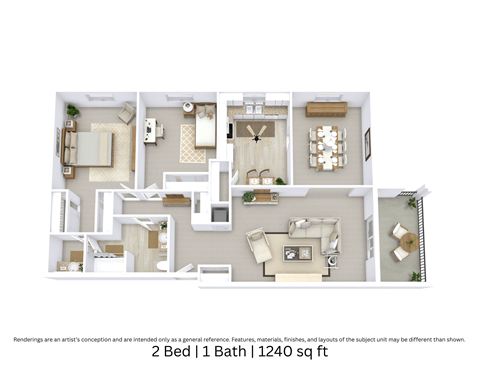 Floor plan for 2 beds, 1 bath, 1240 sqft